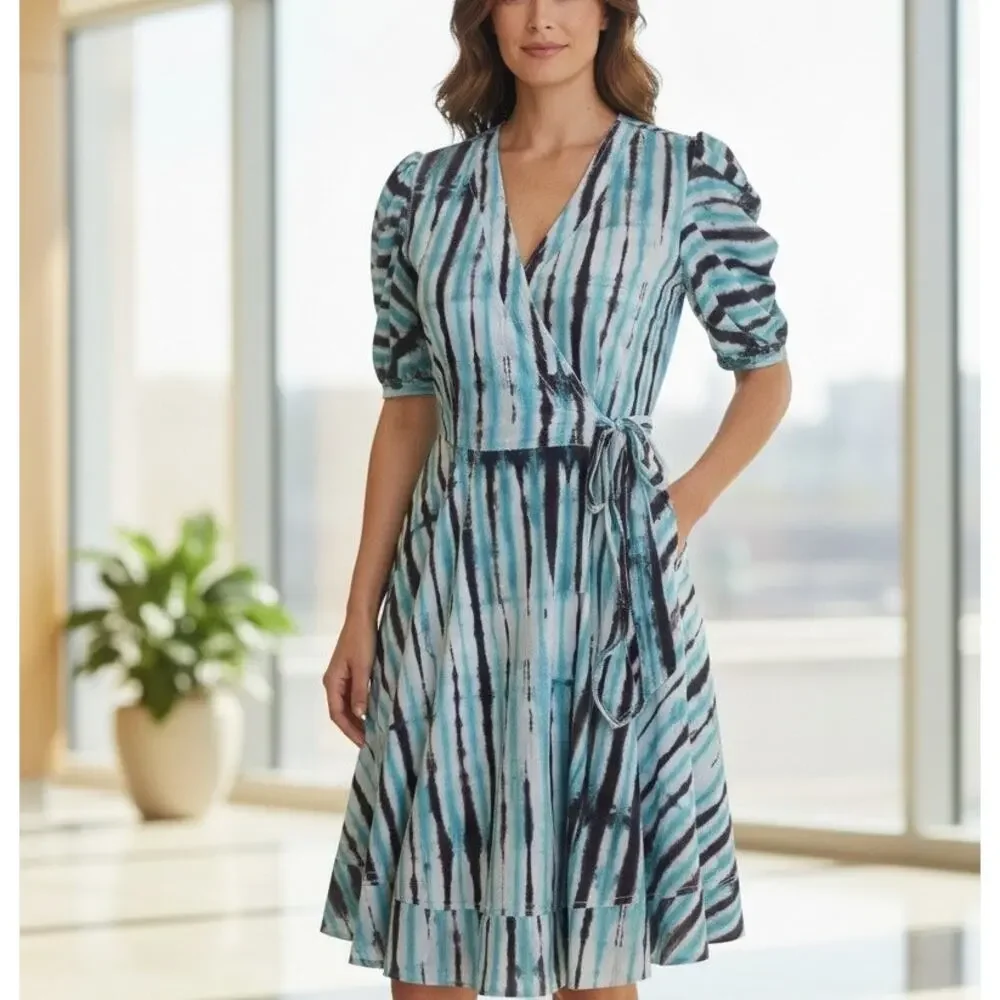 Diane Von Furstenberg Blue Tie Dye Wrap Dress SMALL Work Cotton Puff Sleeve $417 - Picture 2 of 11